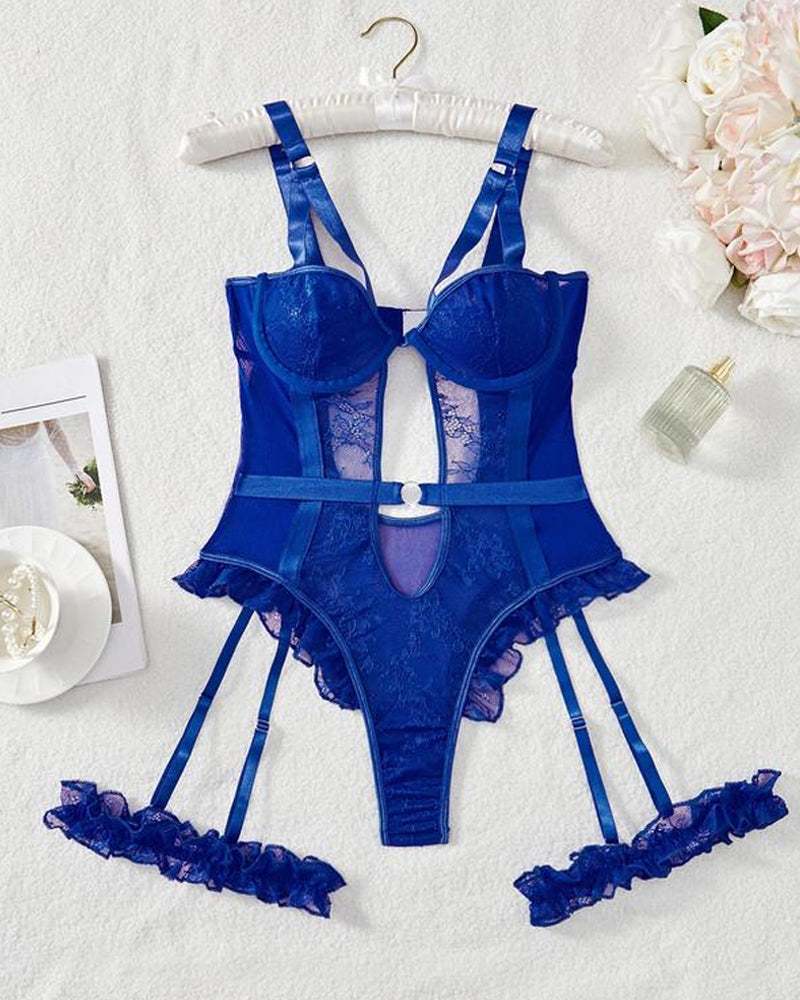 Lace Mesh Backless Ruffled Decoration Hollow Ring Buckle One-Piece Pajamas