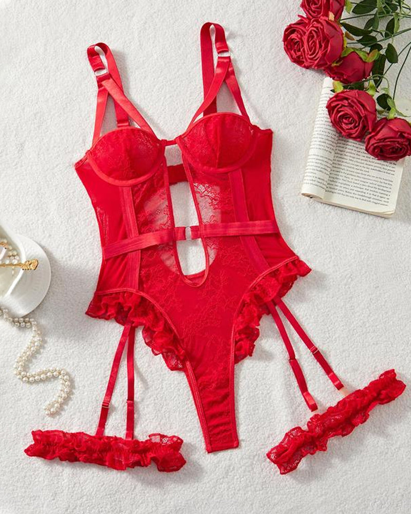 Lace Mesh Backless Ruffled Decoration Hollow Ring Buckle One-Piece Pajamas