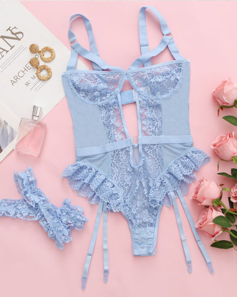 Lace Mesh Backless Ruffled Decoration Hollow Ring Buckle One-Piece Pajamas