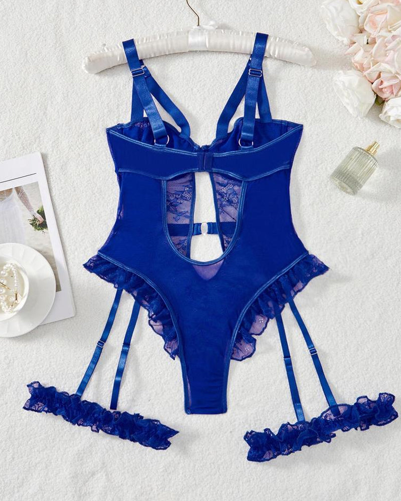 Lace Mesh Backless Ruffled Decoration Hollow Ring Buckle One-Piece Pajamas