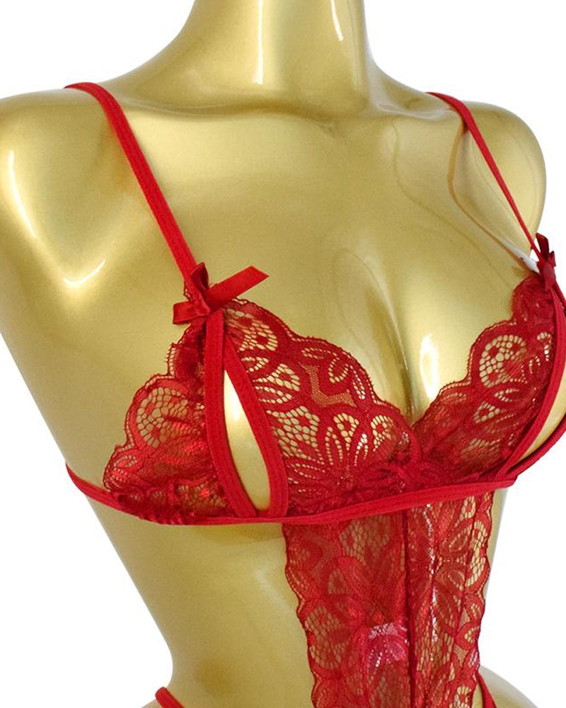 Women's Hollow Translucent Floral Lace Backless One-Piece Pajamas