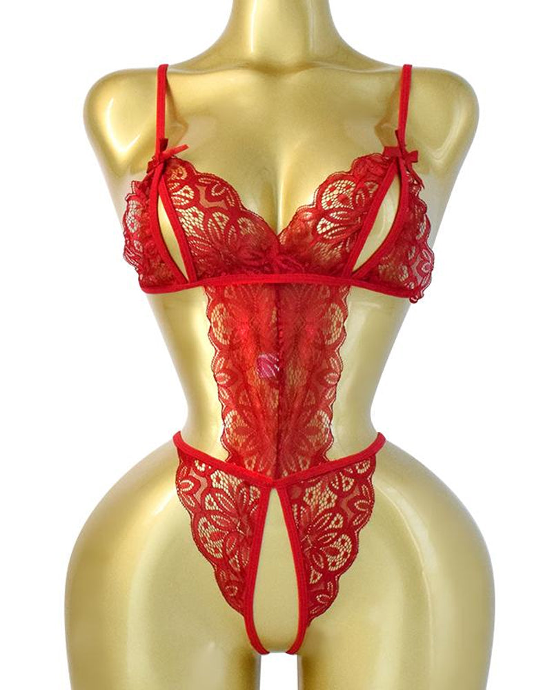 Women's Hollow Translucent Floral Lace Backless One-Piece Pajamas