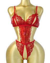 Women's Hollow Translucent Floral Lace Backless One-Piece Pajamas