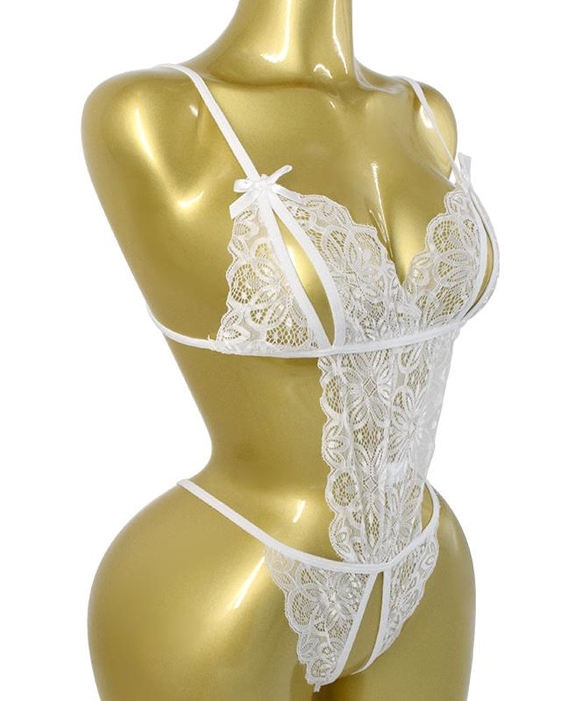 Women's Hollow Translucent Floral Lace Backless One-Piece Pajamas