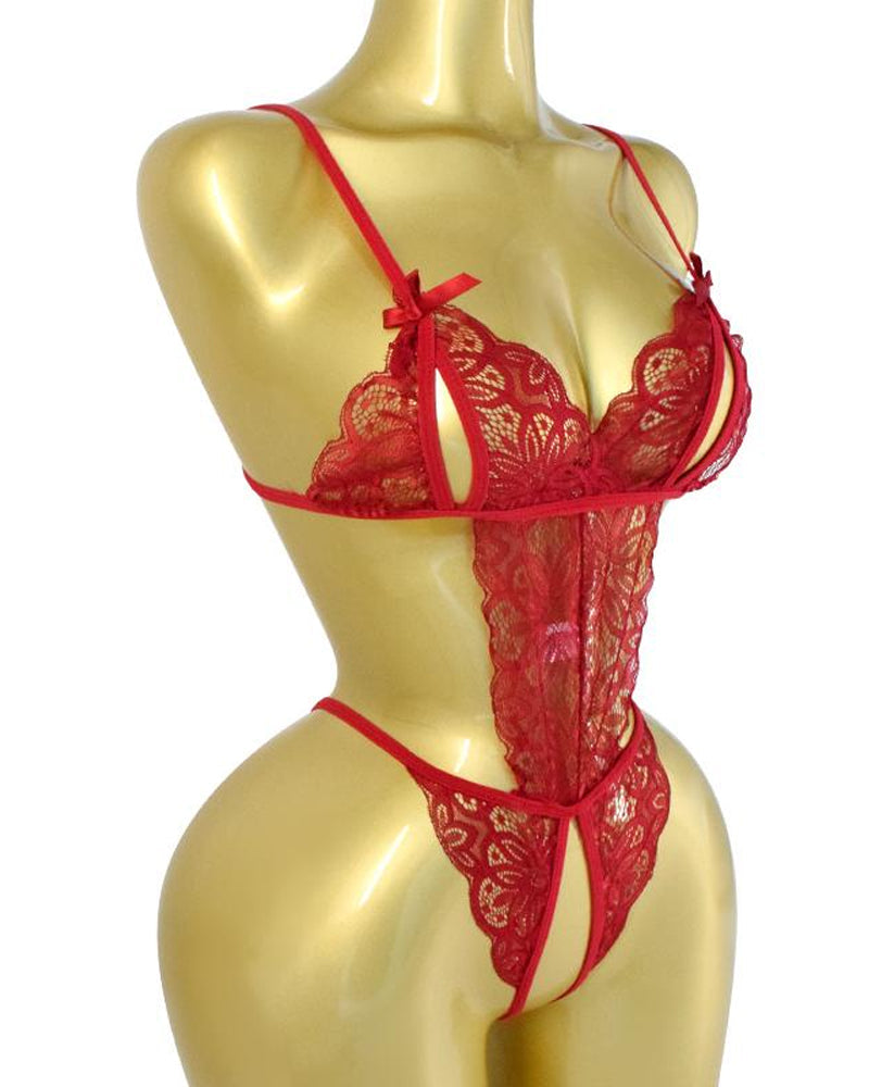 Women's Hollow Translucent Floral Lace Backless One-Piece Pajamas