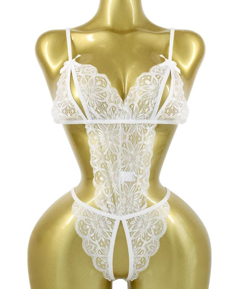 Women's Hollow Translucent Floral Lace Backless One-Piece Pajamas