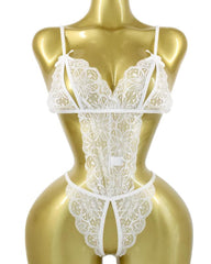 Women's Hollow Translucent Floral Lace Backless One-Piece Pajamas
