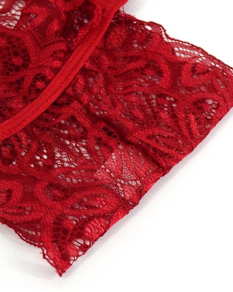 Women's Hollow Translucent Floral Lace Backless One-Piece Pajamas
