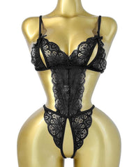 Women's Hollow Translucent Floral Lace Backless One-Piece Pajamas