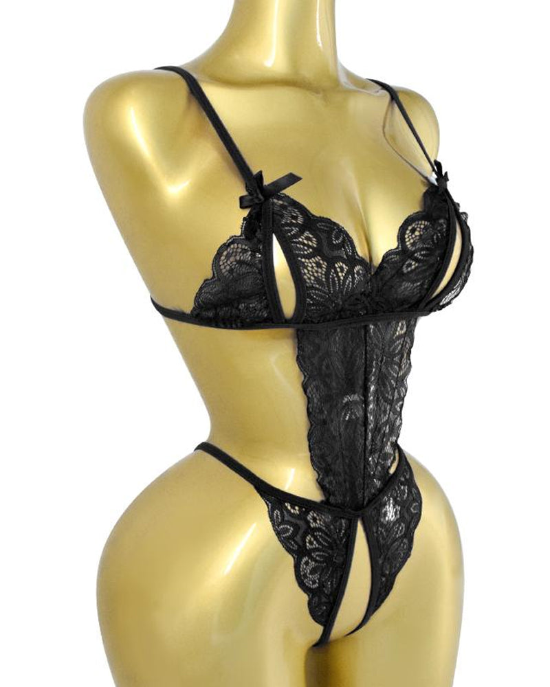 Women's Hollow Translucent Floral Lace Backless One-Piece Pajamas