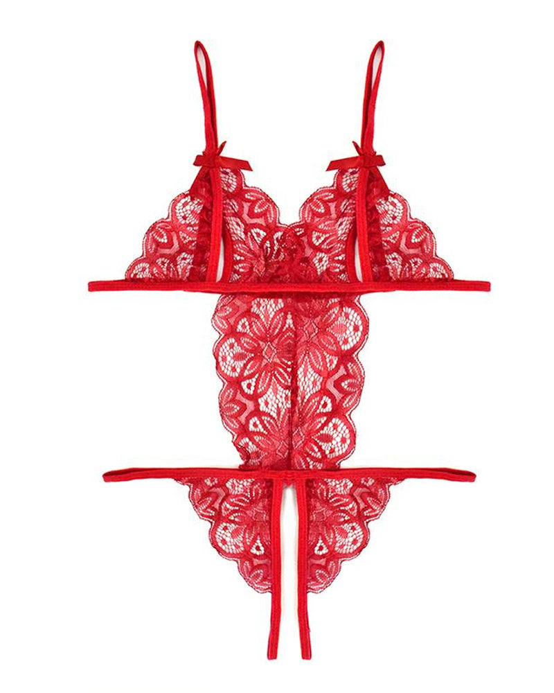 Women's Hollow Translucent Floral Lace Backless One-Piece Pajamas