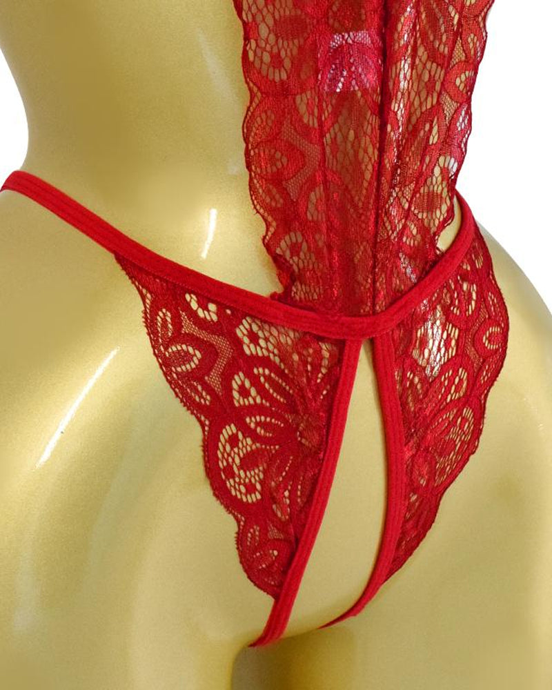 Women's Hollow Translucent Floral Lace Backless One-Piece Pajamas