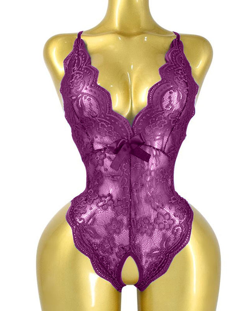 Deep V Translucent Floral Lace Cross-Back Open Crotch Design One-Piece Pajamas
