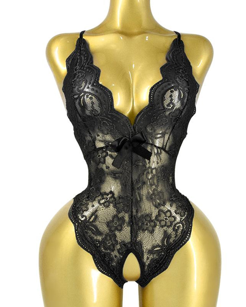 Deep V Translucent Floral Lace Cross-Back Open Crotch Design One-Piece Pajamas
