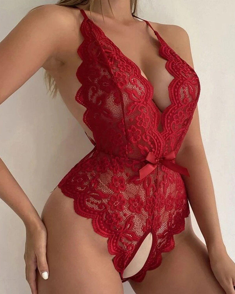 Deep V Translucent Floral Lace Cross-Back Open Crotch Design One-Piece Pajamas