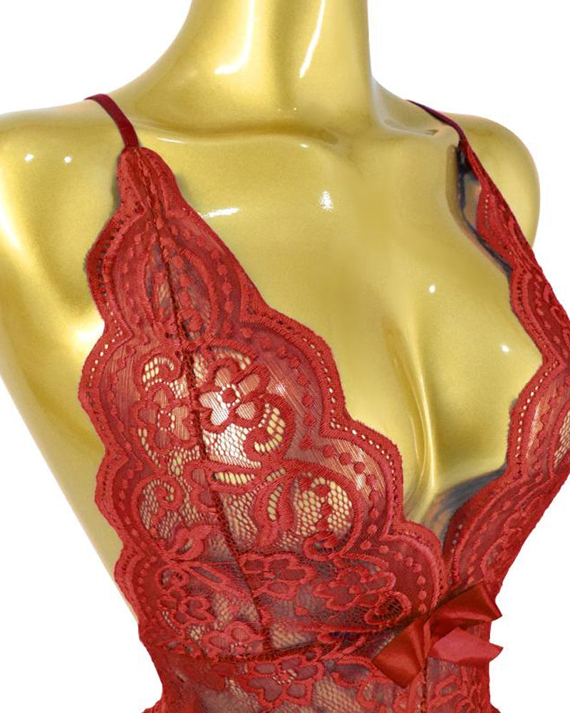 Deep V Translucent Floral Lace Cross-Back Open Crotch Design One-Piece Pajamas