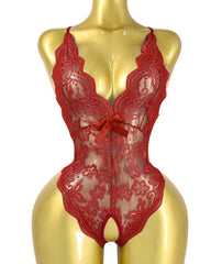 Deep V Translucent Floral Lace Cross-Back Open Crotch Design One-Piece Pajamas