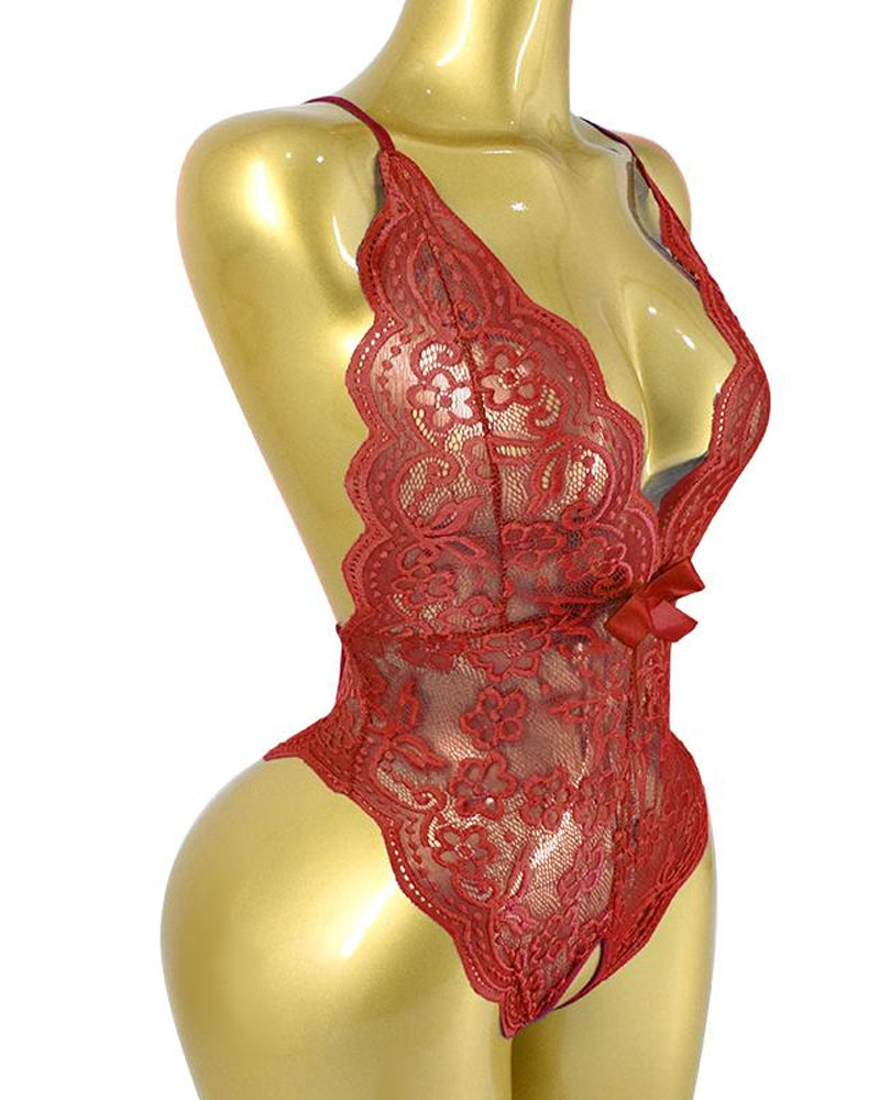 Deep V Translucent Floral Lace Cross-Back Open Crotch Design One-Piece Pajamas