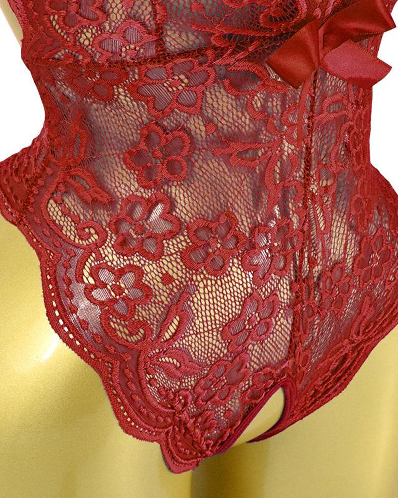 Deep V Translucent Floral Lace Cross-Back Open Crotch Design One-Piece Pajamas