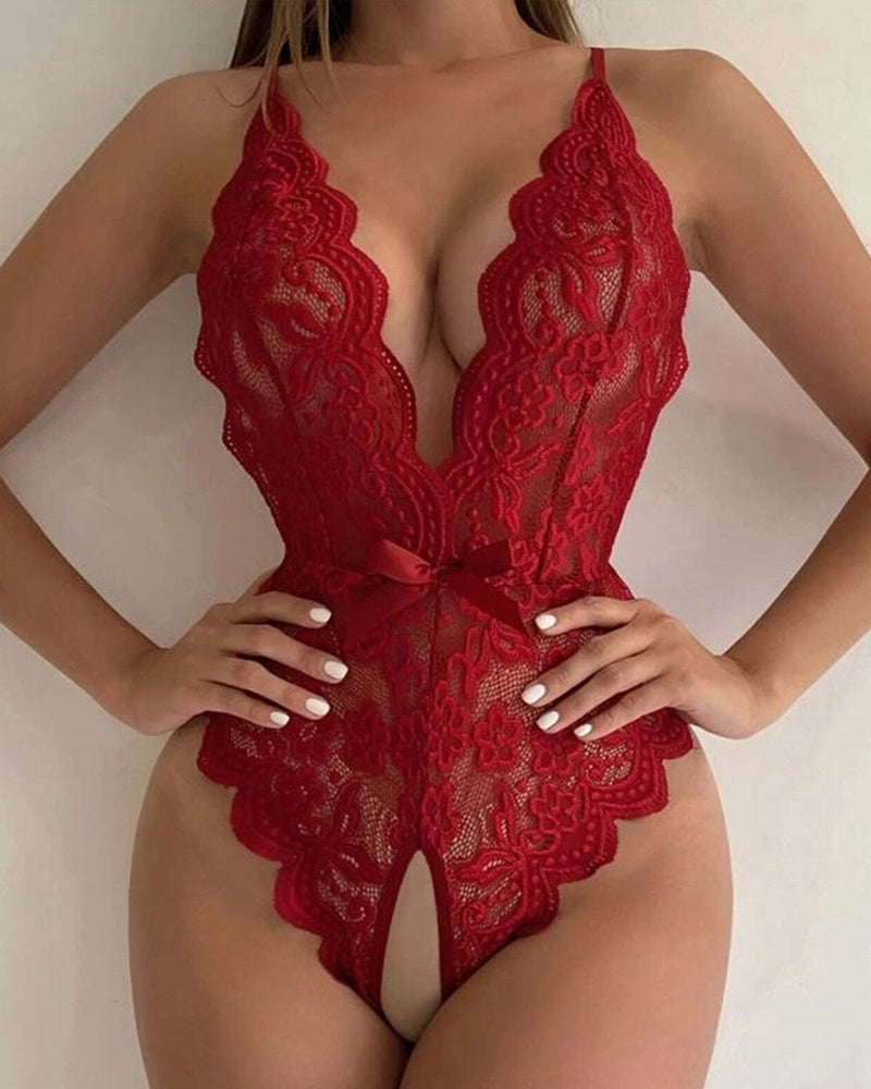 Deep V Translucent Floral Lace Cross-Back Open Crotch Design One-Piece Pajamas