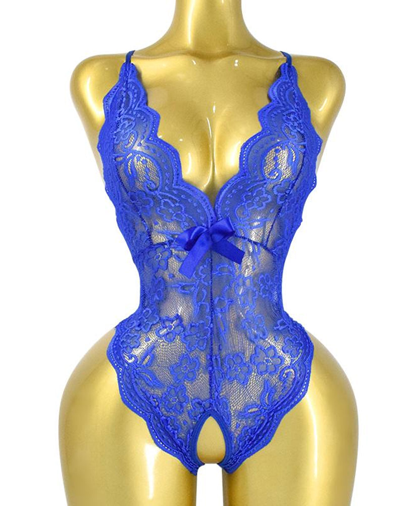 Deep V Translucent Floral Lace Cross-Back Open Crotch Design One-Piece Pajamas