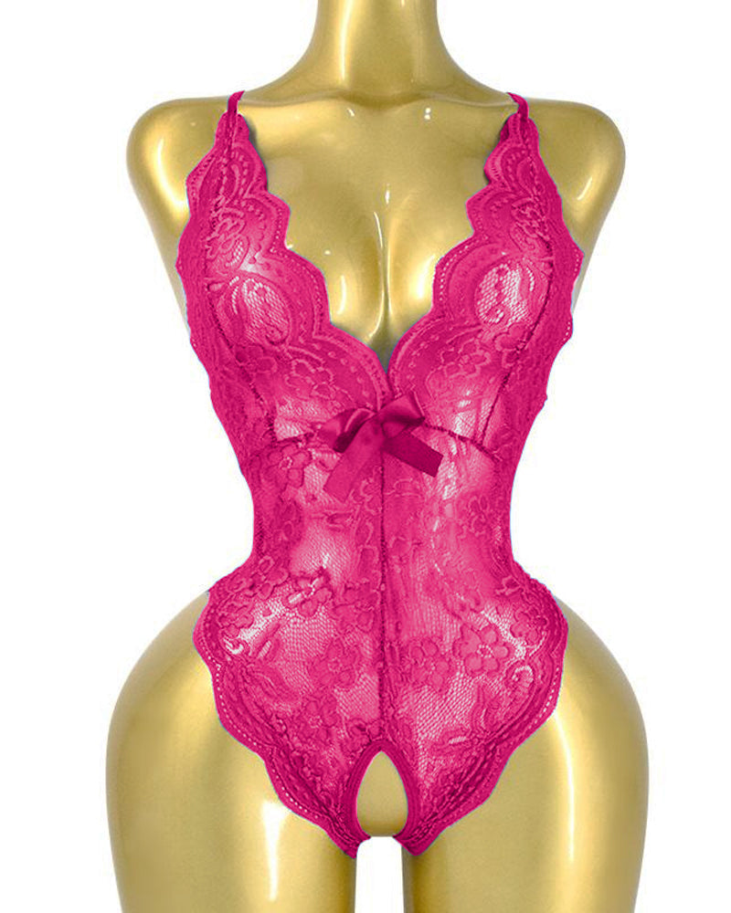 Deep V Translucent Floral Lace Cross-Back Open Crotch Design One-Piece Pajamas