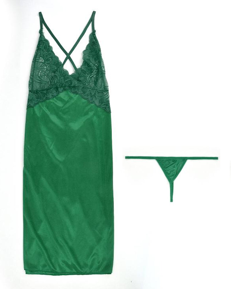 Women's Lace Satin V Neck Adjustable Straps Backless Nightdress with Thong