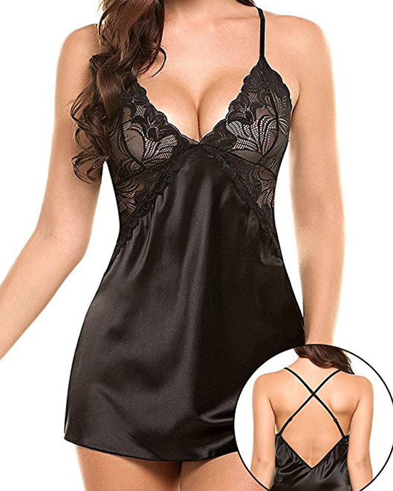 Women's Lace Satin V Neck Adjustable Straps Backless Nightdress with Thong