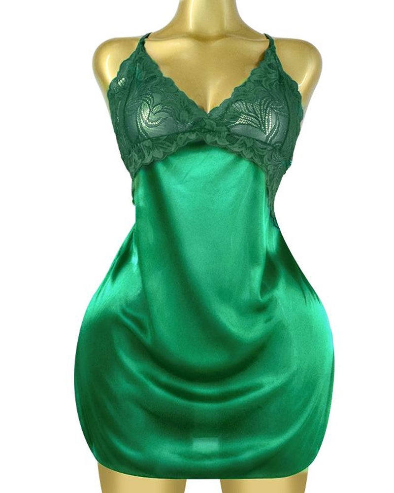 Women's Lace Satin V Neck Adjustable Straps Backless Nightdress with Thong