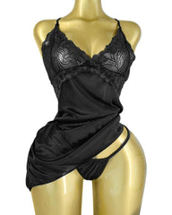 Women's Lace Satin V Neck Adjustable Straps Backless Nightdress with Thong