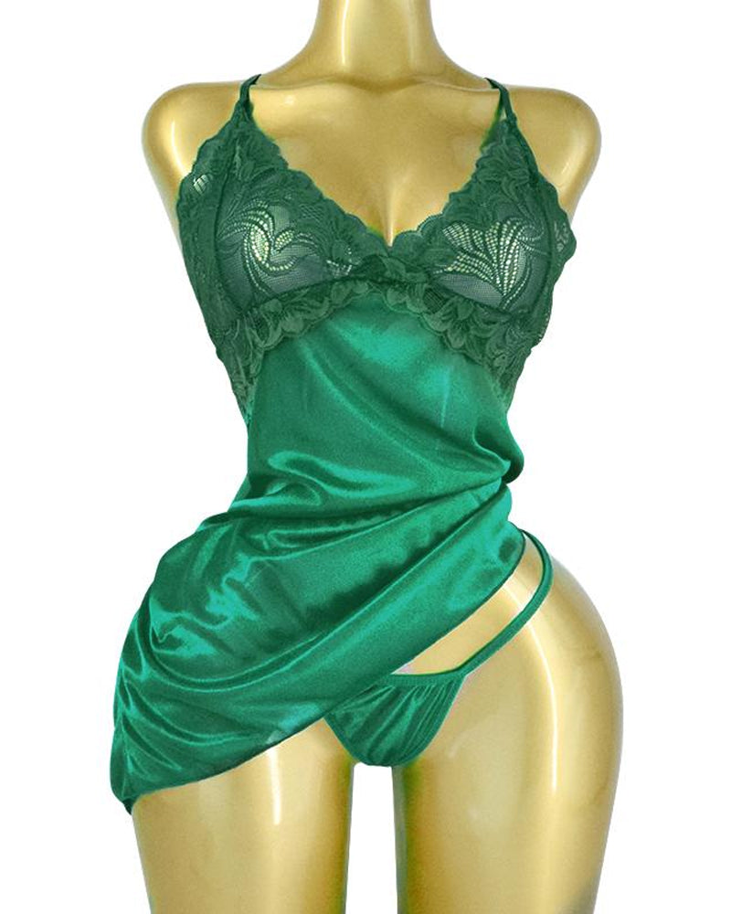 Women's Lace Satin V Neck Adjustable Straps Backless Nightdress with Thong