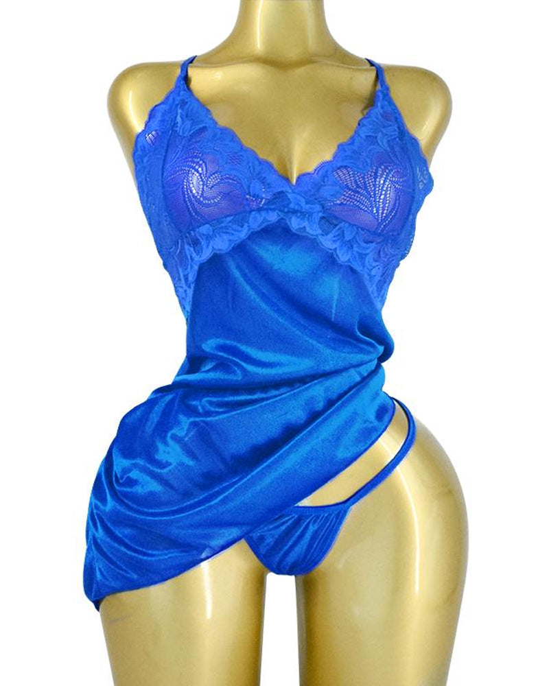 Women's Lace Satin V Neck Adjustable Straps Backless Nightdress with Thong