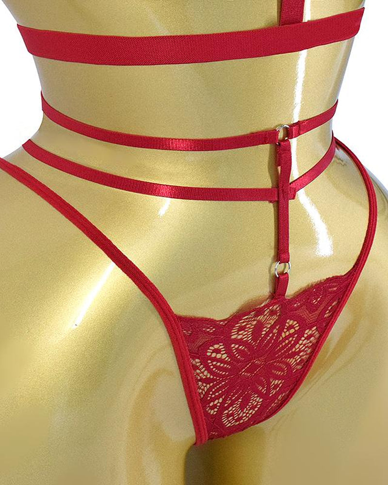 Women's Floral Lace Adjustable Strap Bra and Thong Set
