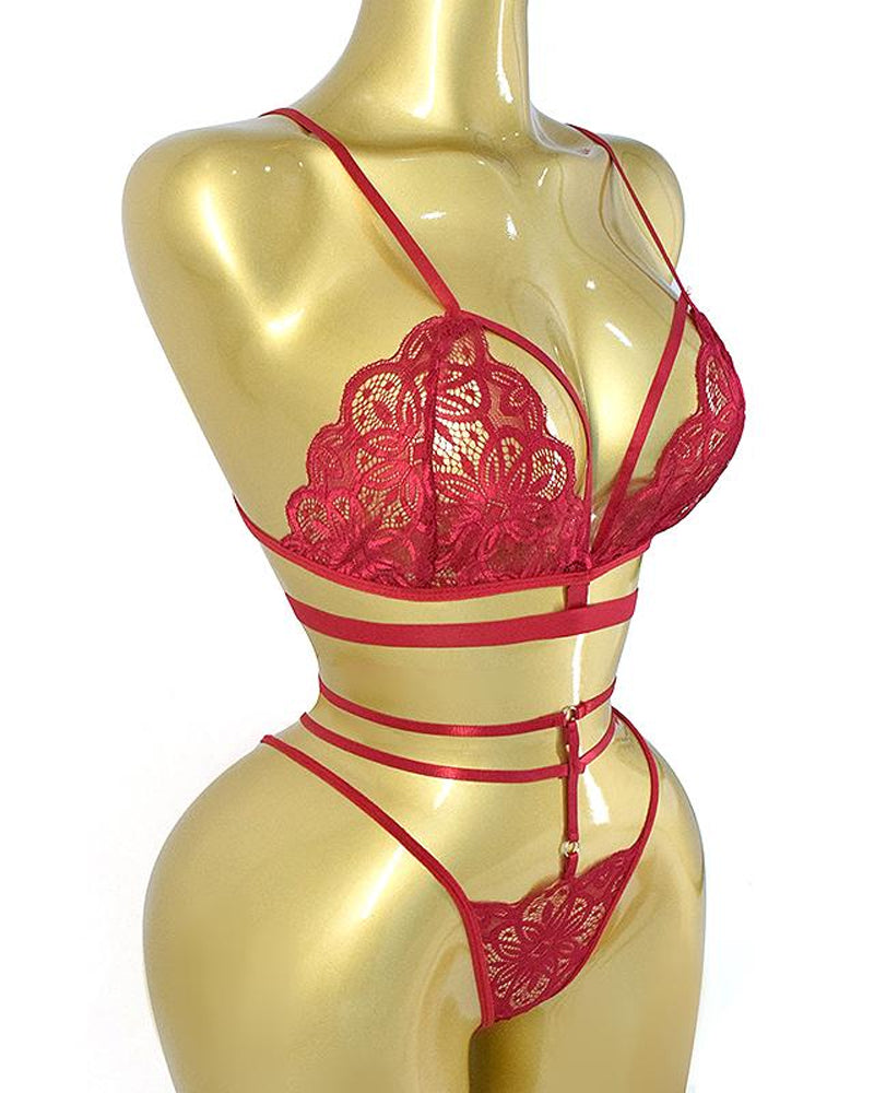 Women's Floral Lace Adjustable Strap Bra and Thong Set