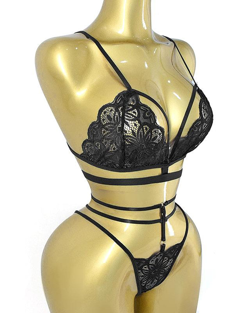 Women's Floral Lace Adjustable Strap Bra and Thong Set