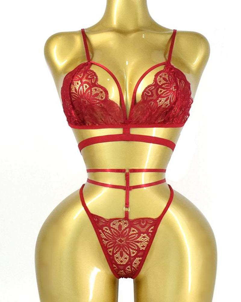 Women's Floral Lace Adjustable Strap Bra and Thong Set