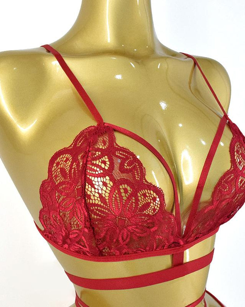 Women's Floral Lace Adjustable Strap Bra and Thong Set