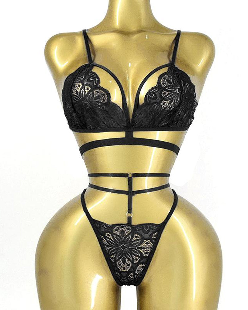 Women's Floral Lace Adjustable Strap Bra and Thong Set