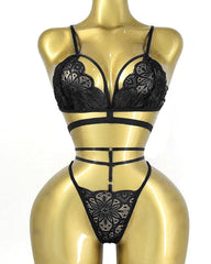 Women's Floral Lace Adjustable Strap Bra and Thong Set