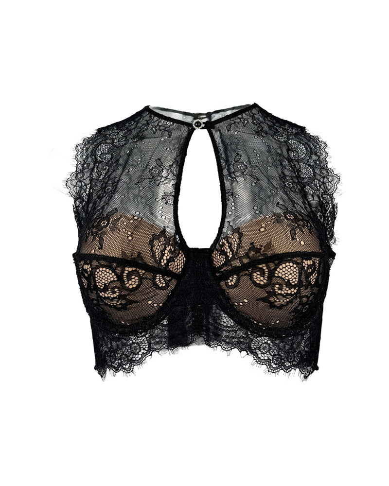 Black See-Through Lace Button Bra Top