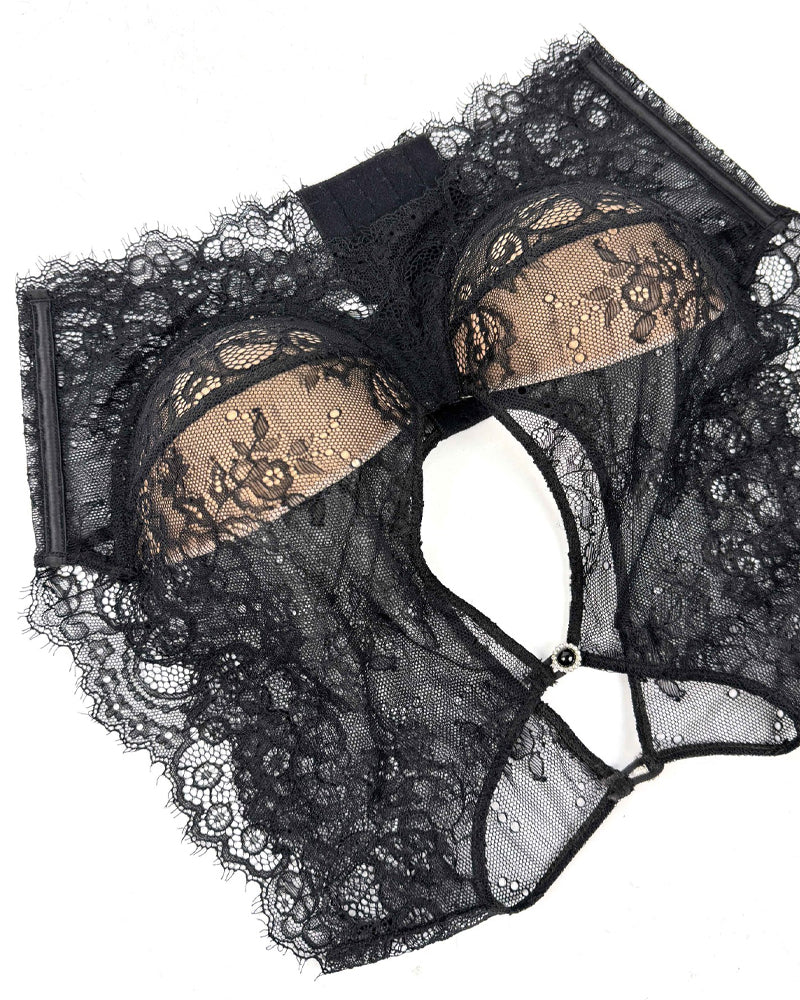 Black See-Through Lace Button Bra Top