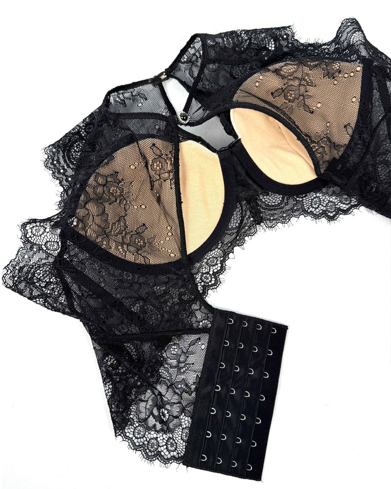 Black See-Through Lace Button Bra Top