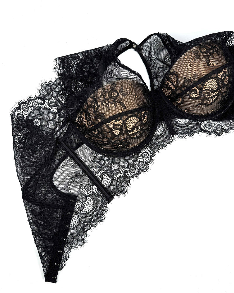 Black See-Through Lace Button Bra Top
