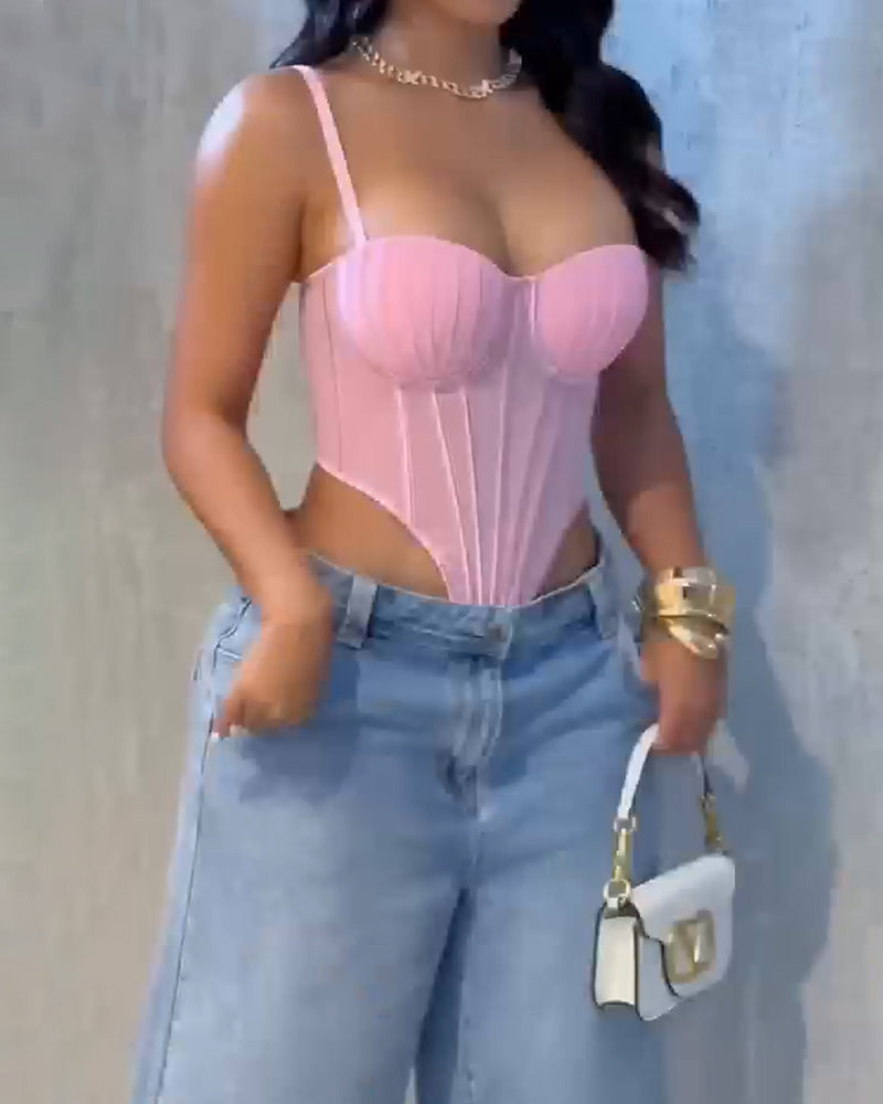 Fishbone Adjustable Shoulder Strap Tube Top Mesh Irregular Top