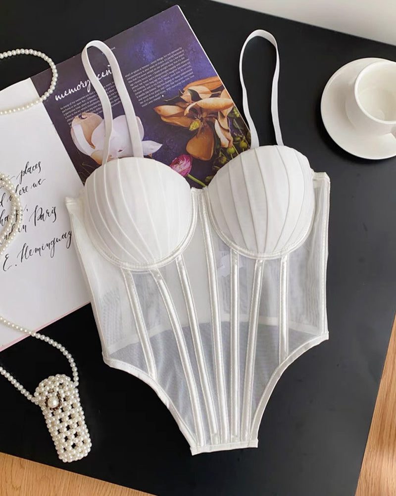 Fishbone Adjustable Shoulder Strap Tube Top Mesh Irregular Top