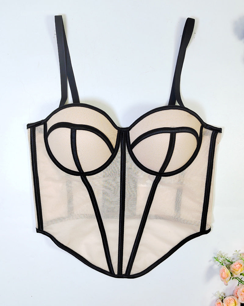 Herringbone Mesh Contrast Color Bustier Top