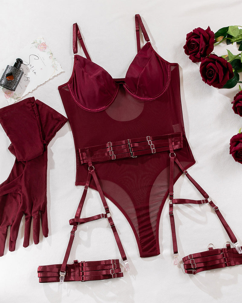 See-Through Mesh Splicing Low-Cut Bodysuit With Gloves Three-Piece Set