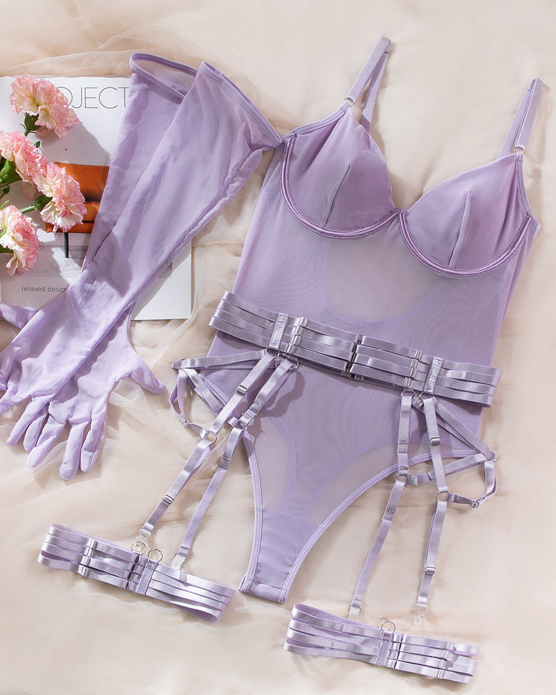 See-Through Mesh Splicing Low-Cut Bodysuit With Gloves Three-Piece Set