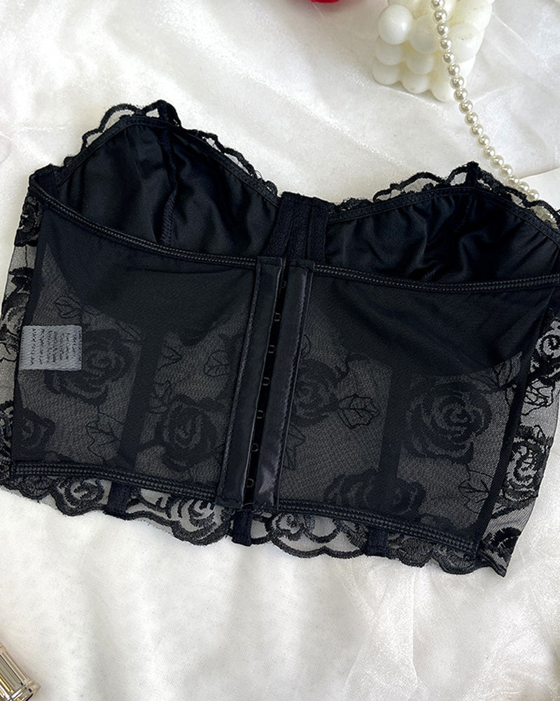 Flower Lace Mesh Herringbone Tube Top