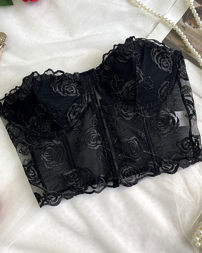 Flower Lace Mesh Herringbone Tube Top